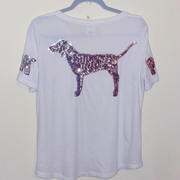 Victoria Secerts Pink Bling White Tee Silver and Rose Gold Sequin Little Dog Y2K - Picture 3 of 8